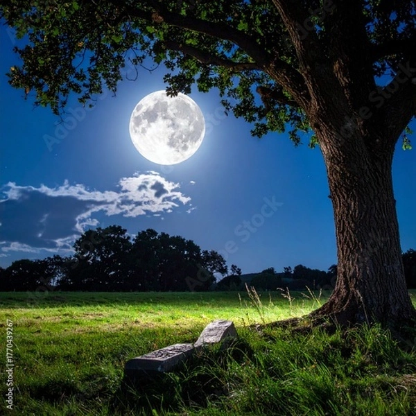 Fototapeta beautiful full moon night landscape with large tree field and clear blue sky peaceful nature scenery with bright moonlight