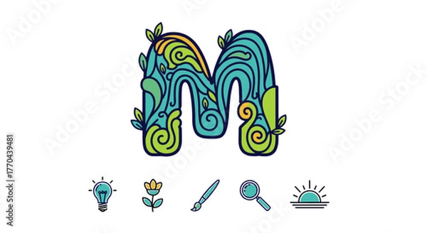 Fototapeta Artistic letter M adorned with swirling organic patterns and vibrant green leaves, symbolizing nature's beauty and creativity, accompanied by small icons representing ideas, growth, art, discovery