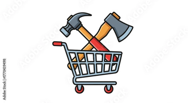 Obraz Conceptual vector illustration depicting a shopping cart filled with crossed tools, including a hammer and an axe, symbolizing the purchase or acquisition of construction materials, DIY supplies, or