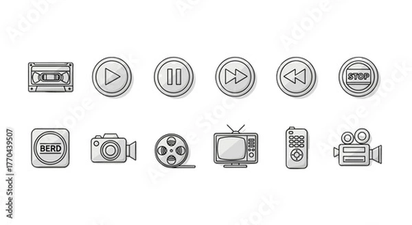 Fototapeta Collection of Video Tape Related Line Icons: Outline Signs for Graphic and Web Design, Apps, Advertisements, Various Cards, Vector Cartoon Illustration with Play, Pause, Stop, Rewind, Fast Forward