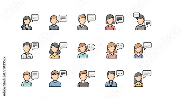 Obraz Faceless People Talking Minimalistic Sign Vector Cartoon Illustration Set: A collection of diverse faceless individuals engaged in communication, depicted with clean lines and simple shapes, ideal