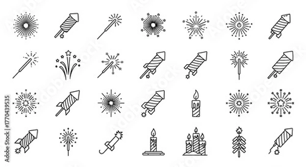 Fototapeta Collection of thin line icons representing various fireworks, sparklers, and candles, perfect for web, books, cards, and apps. This editable stroke vector cartoon illustration on a white background