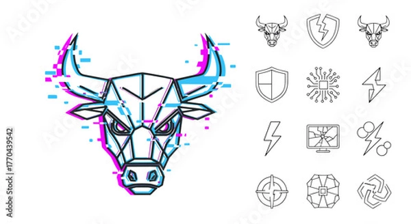 Fototapeta Futuristic Digital Glitchy Bull Head with Cyan and Magenta Overlays, Symbolizing Strength and Technology, Accompanied by a Set of Clean Line Icons Including Shields, Lightning Bolts, Circuit Boards