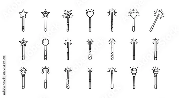Obraz A collection of thin, editable stroke magic wand icons, perfect for web, books, cards, and apps. This vector cartoon illustration features a white background, offering a versatile and enchanting