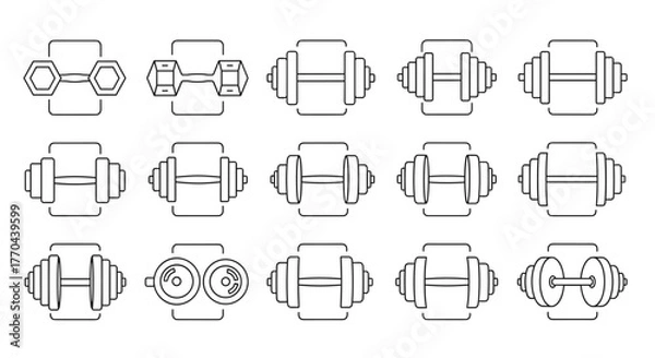 Obraz Collection of stylized dumbbell icons and symbols, showcasing a variety of weights and designs, perfect for fitness apps, websites, infographics, and workout-related content. This set includes