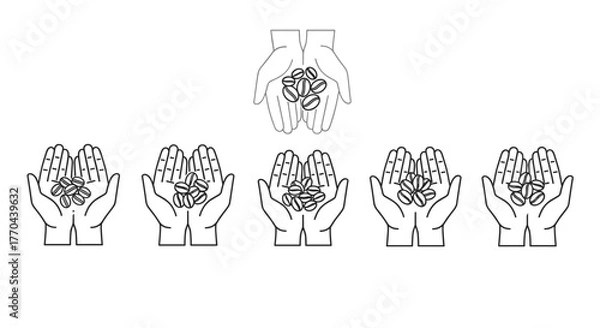 Obraz Minimalistic thin outline icon of roasted coffee beans held in open hands, symbolizing the coffee industry, agriculture, and the beverage sector. This versatile vector graphic is perfect for web