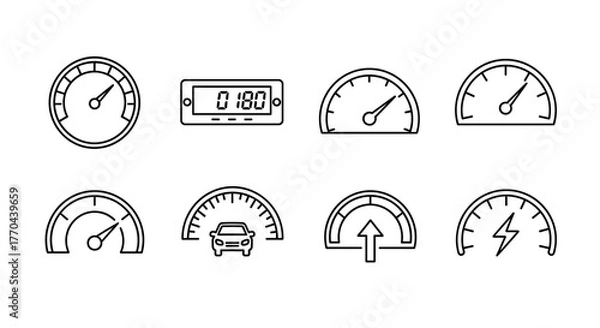 Fototapeta Speedometer thin line icon set, outline signs for graphic and web design, apps, adverts, various cards, vector cartoon illustration with a white background. Collection of dashboard gauges, speed