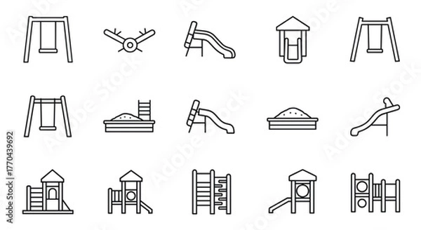 Fototapeta A comprehensive collection of thin line icons representing playground equipment, featuring kid's swings, slides, sandboxes, and climbing structures, presented as vector elements on a clean white