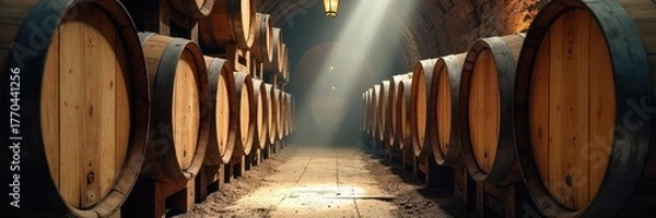 Fototapeta Vintage wine barrels stacked high in a rustic winery cellar, sunbeams illuminating dust motes A scene of old-world winemaking charm and history , autumn, wood, vintage