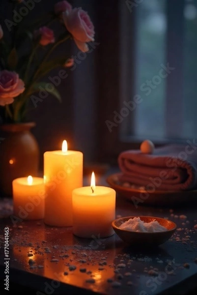 Obraz Warm, inviting glow of flickering candlelight creating a romantic and serene atmosphere Perfect for relaxation, spa treatments, or cozy evenings , beauty, hygge, serene