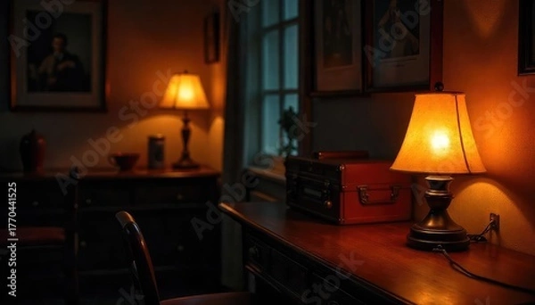 Fototapeta Warm, inviting glow of vintage-style lamps illuminating a dark room, creating a nostalgic atmosphere  Perfect for retro-themed projects, home decor, and design inspiration ,  fifties,  lamps