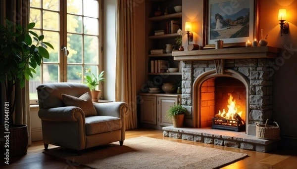 Fototapeta Warm, inviting living room with soft lighting, plush armchair, and a crackling fireplace creating a cozy atmosphere perfect for relaxation Enjoy the tranquil ambiance , blankets, coffee table