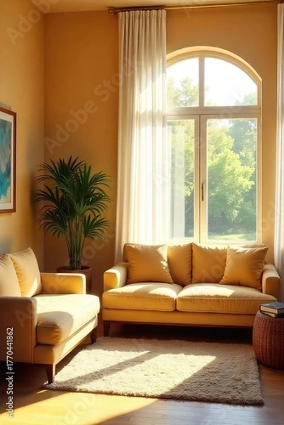 Obraz Warm sunlight streams into a bright, welcoming space, illuminating comfortable furniture and inviting decor, creating a sense of calm and ease , relaxation, decor, interior