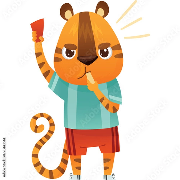 Fototapeta Whimsical Cartoon Tiger Referee Holding Red Card and Whistle In Mouth Wearing Striped Shirt and Shorts With White Shoes And Transparent Background