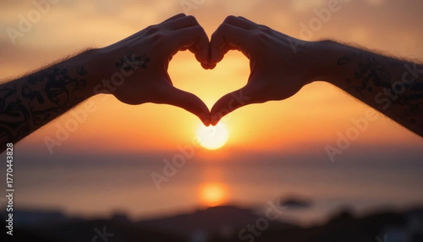 Fototapeta Hands forming heart shape in front of sunset, love and kindness resolution