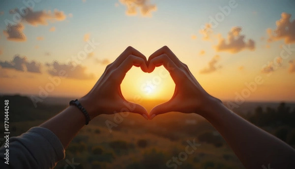 Fototapeta Hands forming heart shape in front of sunset, love and kindness resolution