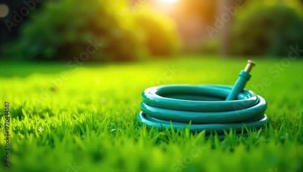 Fototapeta A single garden hose, coiled neatly on a lush green lawn, ready for watering  Sunlight illuminates the vibrant green of the grass and the hose's bright color ,  sunny,  green grass
