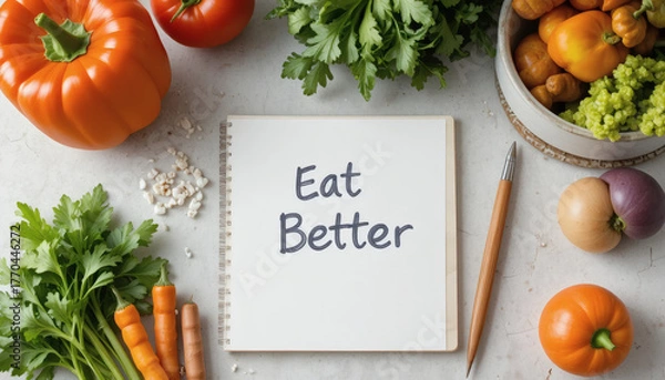 Fototapeta Healthy meal prep on table, colorful vegetables, journal with 'Eat Better' written on it, clean background