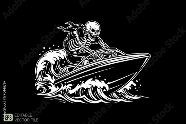 Fototapeta Skull driving a speed boat on the ocean waves.