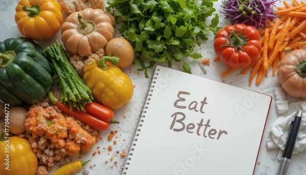 Fototapeta Healthy meal prep on table, colorful vegetables, journal with 'Eat Better' written on it, clean background