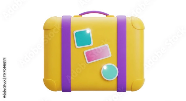Obraz Yellow suitcase with purple straps and travel stickers isolated on a transparent background