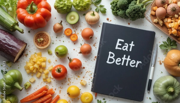 Fototapeta Healthy meal prep on table, colorful vegetables, journal with 'Eat Better' written on it, clean background