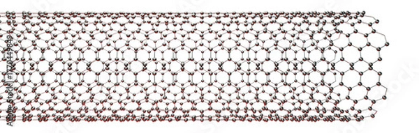 Fototapeta Carbon nanotube molecular structure, detailed 3D model of cylindrical graphene lattice. Futuristic nanomaterial, hexagonal carbon network. Science, nanotechnology, advanced materials, electronics
