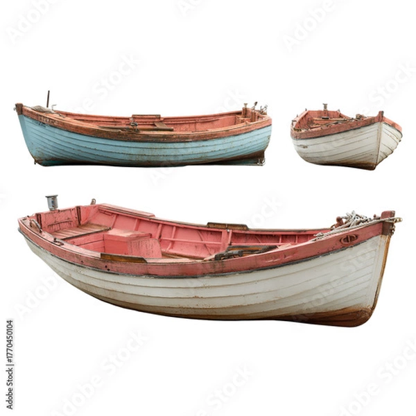 Fototapeta Three rustic wooden fishing boats displayed side by side showcasing traditional maritime craftsmanship