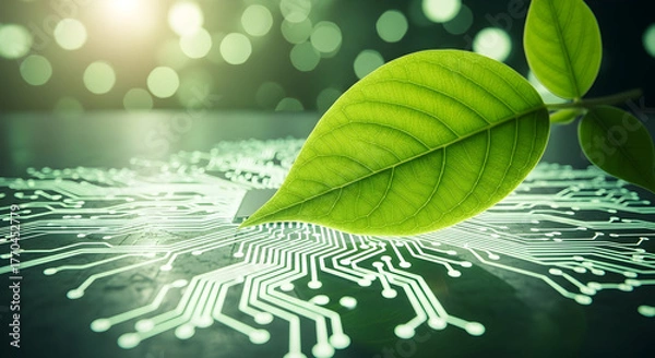 Obraz Green leaf growing on circuit board, symbolizing green technology and innovation