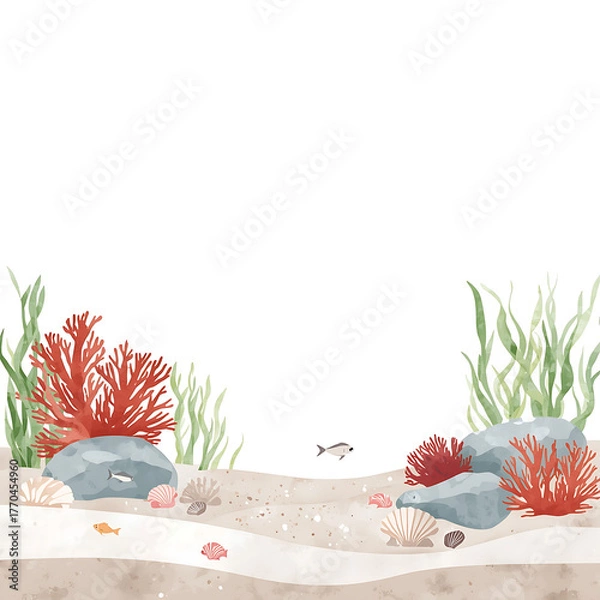 Fototapeta A peaceful underwater scene depicted in a minimalist watercolor style, showcasing soft sand, smooth gray stones, vibrant red and white coral.