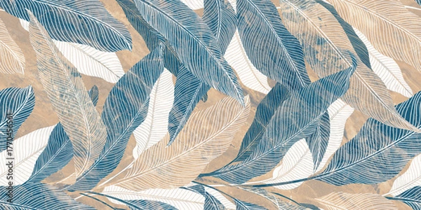 Fototapeta Abstract blue seamless pattern with leaves. Raster illustration.Dark branches with leaves on grey background.  seamless pattern.abstract blue background