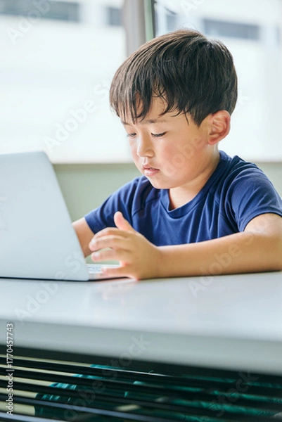 Fototapeta ノートパソコンでオンライン学習をする小学生の男の子