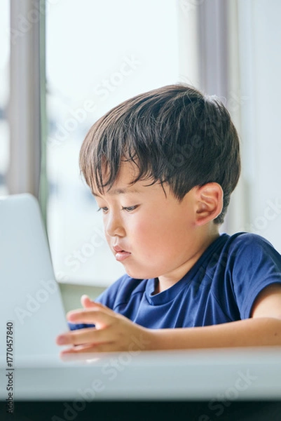 Fototapeta ノートパソコンでオンライン学習をする小学生の男の子