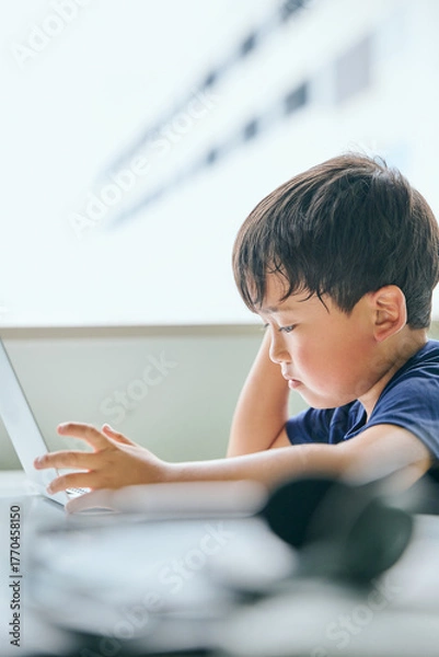 Fototapeta ノートパソコンでオンライン学習をする小学生の男の子