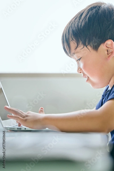 Fototapeta ノートパソコンでオンライン学習をする小学生の男の子