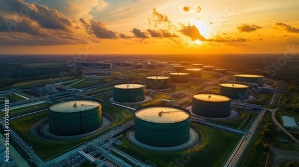Fototapeta Aerial view of large oil storage tanks against a sunset, showcasing industrial infrastructure and landscape.