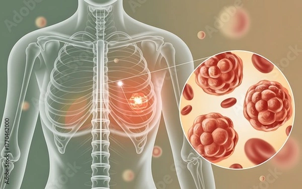 Fototapeta Close up of alveoli in the lungs with red blood cells and a transparent human torso