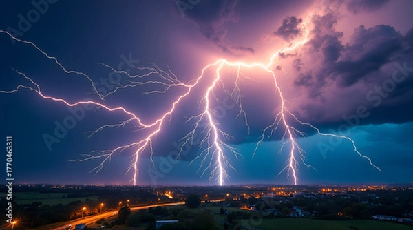 Fototapeta Dramatic lightning storm illuminates the night sky over a city, showcasing nature's raw power and electric spectacle.