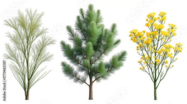 Fototapeta Stunning collection of three distinct plants, including a feathery grass, a lush pine tree, and vibrant yellow flowers, perfect for botanical designs.