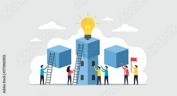 Fototapeta Team collaborates to reach bright idea pinnacle, building success with ladders and flag for ultimate achievement and innovation