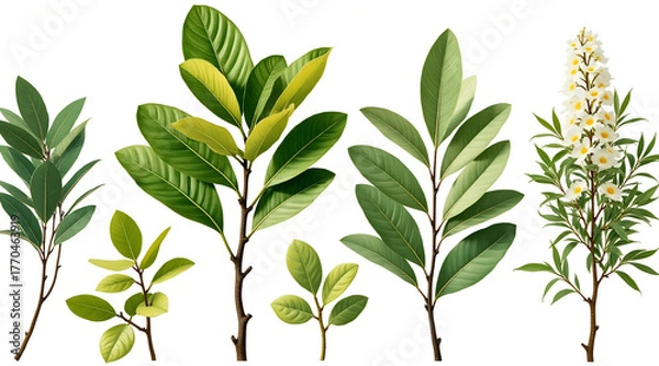 Fototapeta Vibrant lush green foliage and delicate white blossoms create an elegant botanical collection perfect for design projects