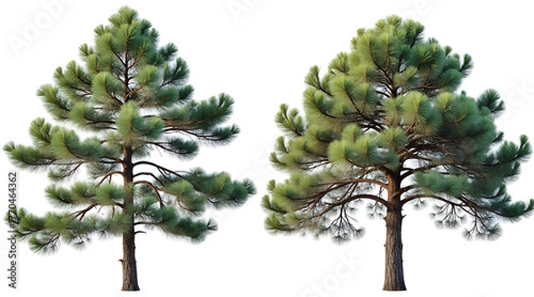 Fototapeta Two majestic pine trees with vibrant green needles and textured bark stand tall, perfect for nature scenes and environmental projects.