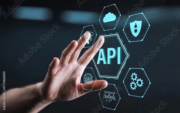 Fototapeta Hand interacting with glowing api interface and digital icons on dark background