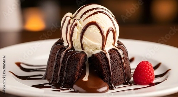 Fototapeta Decadent chocolate lava cake topped with creamy vanilla ice cream and chocolate syrup delicious dessert