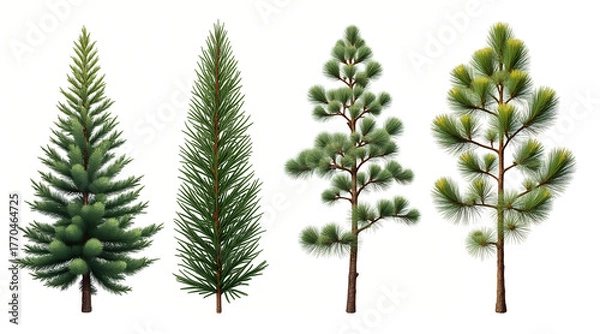 Fototapeta Collection of diverse evergreen conifers showcasing vibrant green foliage and natural textures, perfect for nature projects