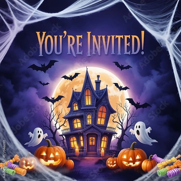 Obraz Spooky halloween haunted house invitation with pumpkins and ghosts