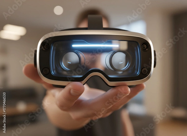 Fototapeta Immersive Future Vision - Close Up of Hand Holding Virtual Reality Headset in Modern Minimalist Space