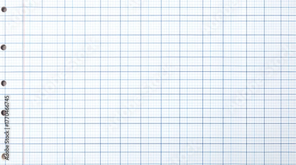 Fototapeta Crisp graph paper with blue grid lines and binder holes offers a clean canvas for data analysis, planning, or creative projects.