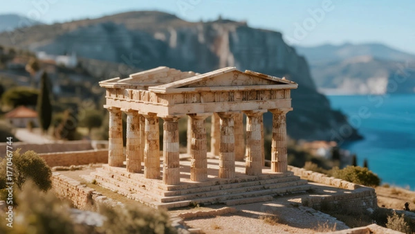 Obraz Bird’s-eye tilt-shift of Temple of Poseidon on coastal cliff