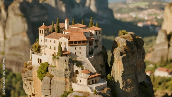Obraz Top-down tilt-shift aerial photo of Meteora rock pillars and monasteries